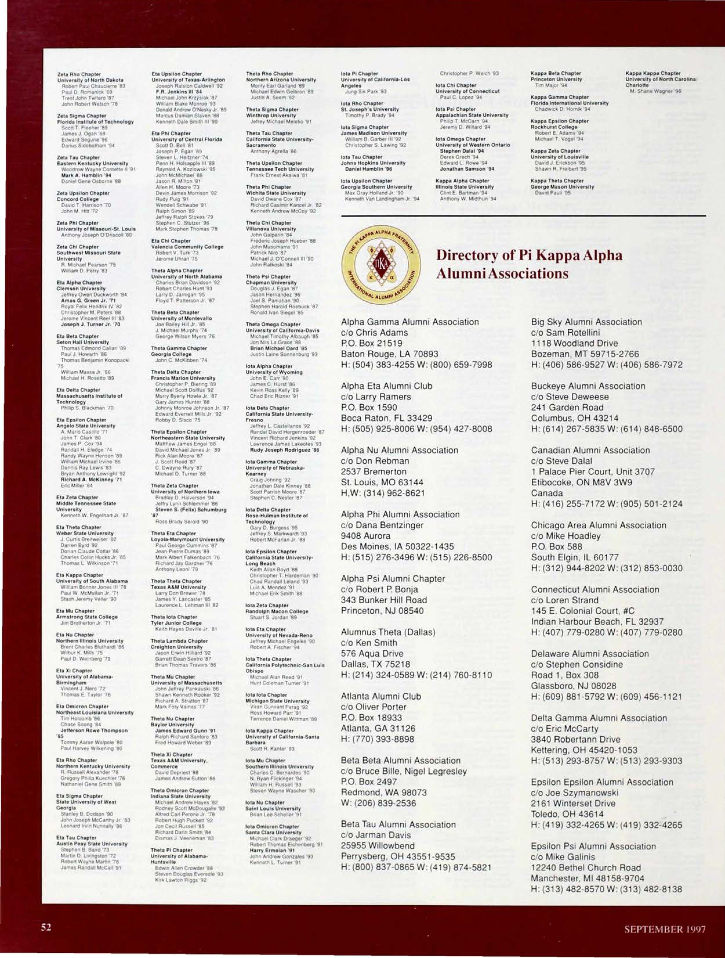 Directory of Pi Kappa Alpha Alumni Associations, September 1997